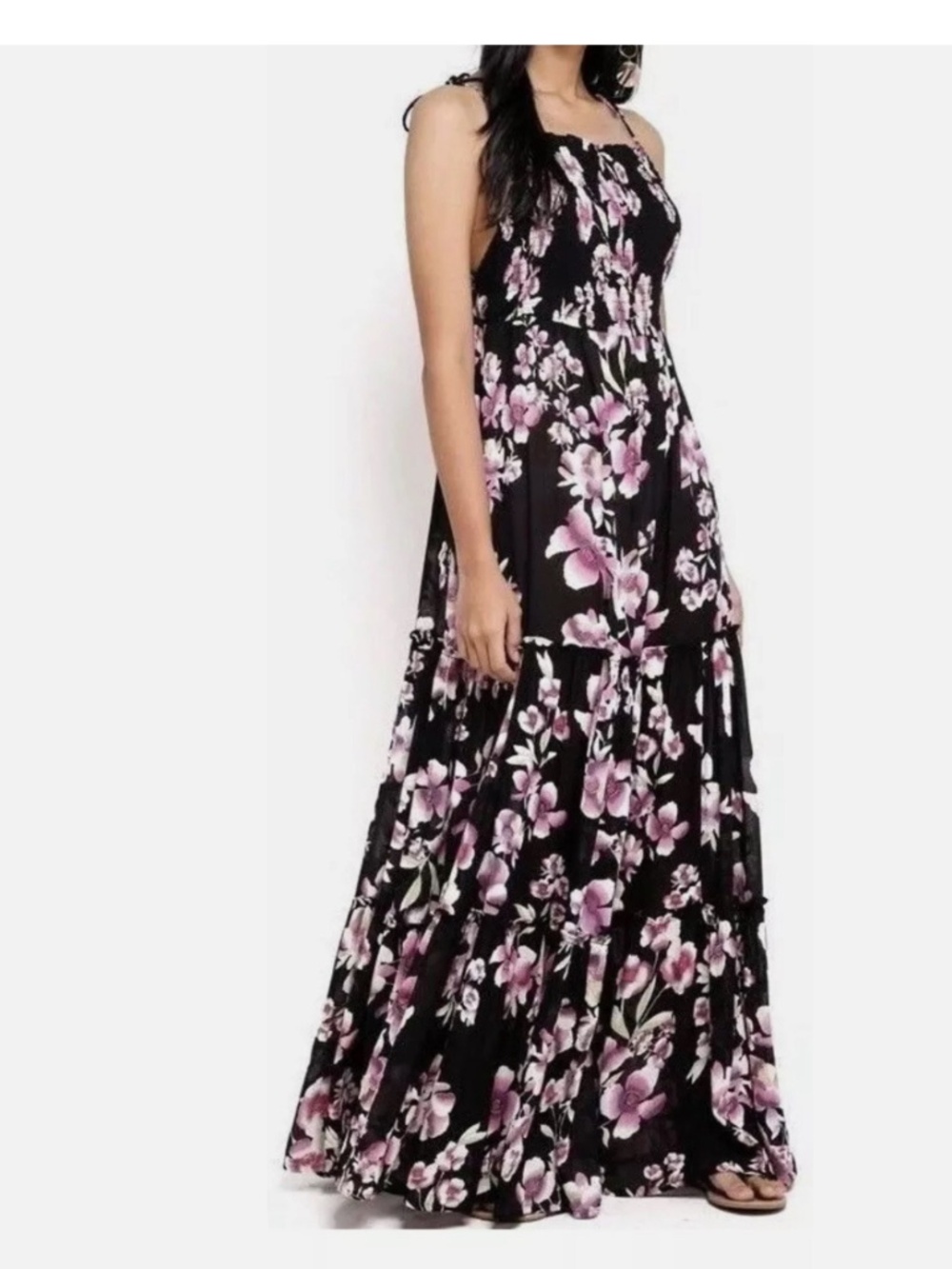 Free People Garden Party Maxi Dress Black Pink Floral Smocked Tiered Size XS
